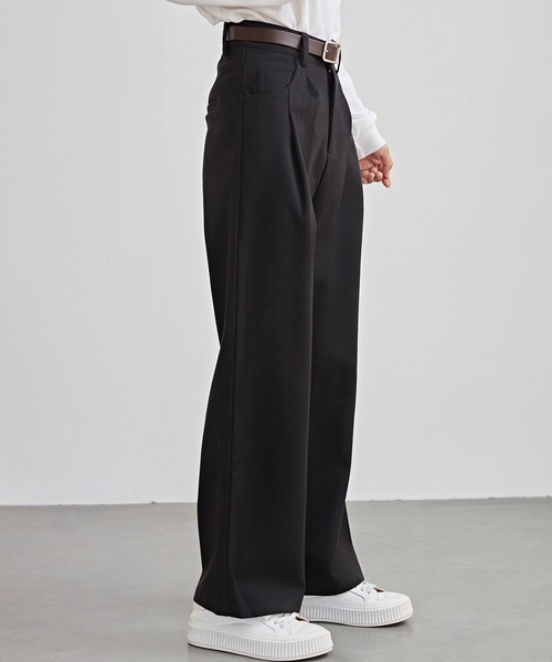 ハイウエスト ワイド ストレート タック パンツ 裏起毛（スラックス