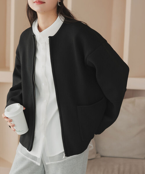 KOBE LETTUCE(コウベレタス)の「ランタンスリーブニットジャケット(ノーカラージャケット・レディース・ホワイト×ブラック/ブラック/アイボリー/グレー・M)」の1枚目の写真