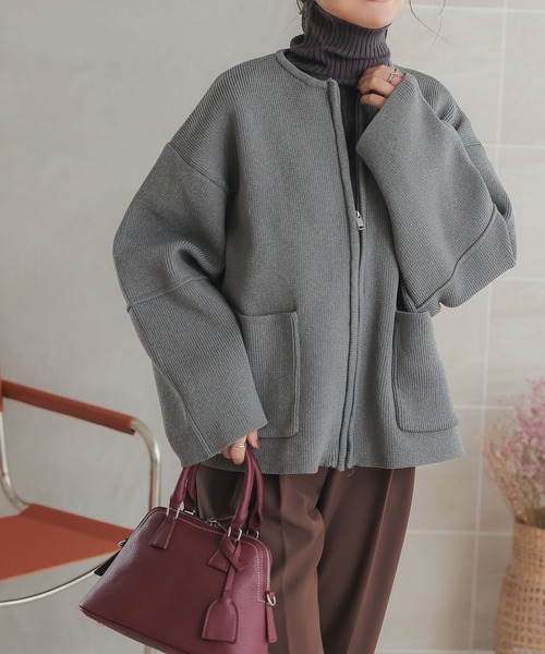 KOBE LETTUCE(コウベレタス)の「ランタンスリーブニットジャケット(ノーカラージャケット・レディース・ホワイト×ブラック/ブラック/アイボリー/グレー・M)」の10枚目の写真