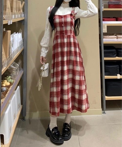 gossip!ロサンゼルス(ゴシップロサンゼルス)の「Y2K チェック柄スイッチングロングキャミワンピース(ワンピース・レディース・ワイン/ブラック・FREE)」の3枚目の写真