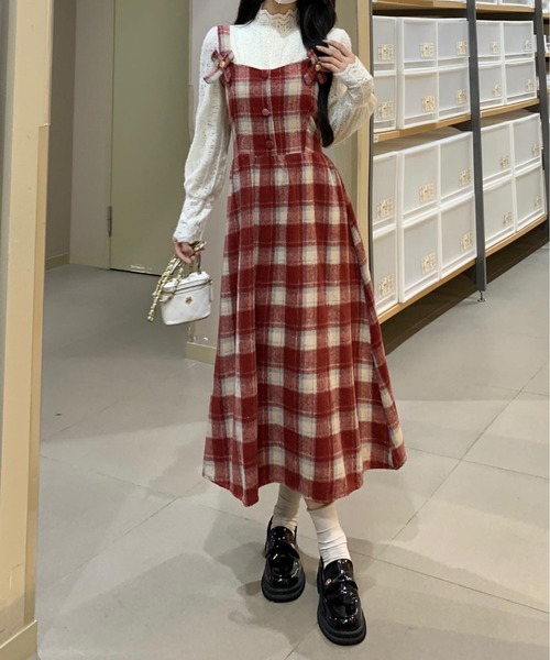 gossip!ロサンゼルス(ゴシップロサンゼルス)の「Y2K チェック柄スイッチングロングキャミワンピース(ワンピース・レディース・ワイン/ブラック・FREE)」の5枚目の写真