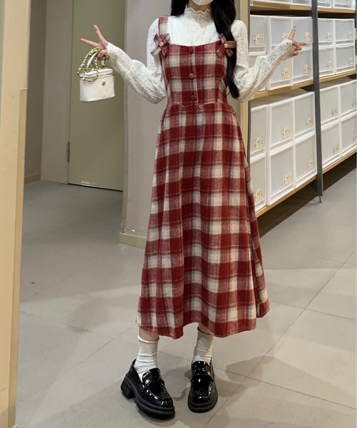 gossip!ロサンゼルス(ゴシップロサンゼルス)の「Y2K チェック柄スイッチングロングキャミワンピース(ワンピース・レディース・ワイン/ブラック・FREE)」の6枚目の写真