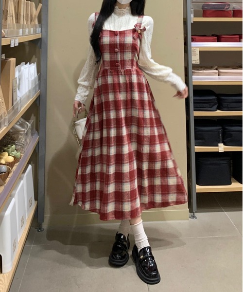 90s稀少！極品y2k和柄アシメスカート2wayビスチェワンピース/セット品 Y2K チェック柄スイッチングロングキャミワンピース（ワンピース