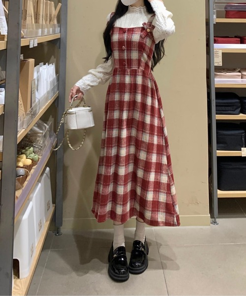 gossip!ロサンゼルス(ゴシップロサンゼルス)の「Y2K チェック柄スイッチングロングキャミワンピース(ワンピース・レディース・ワイン/ブラック・FREE)」の11枚目の写真