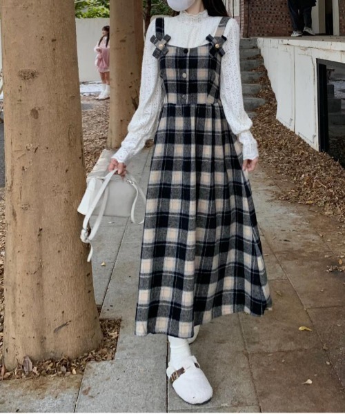 Y2K チェック柄スイッチングロングキャミワンピース（ワンピース