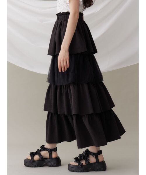 merry jenny(メリージェニー)の「チュールドッキングティアードスカート(スカート・レディース・ブラック/オフホワイト・FREE)」の2枚目の写真