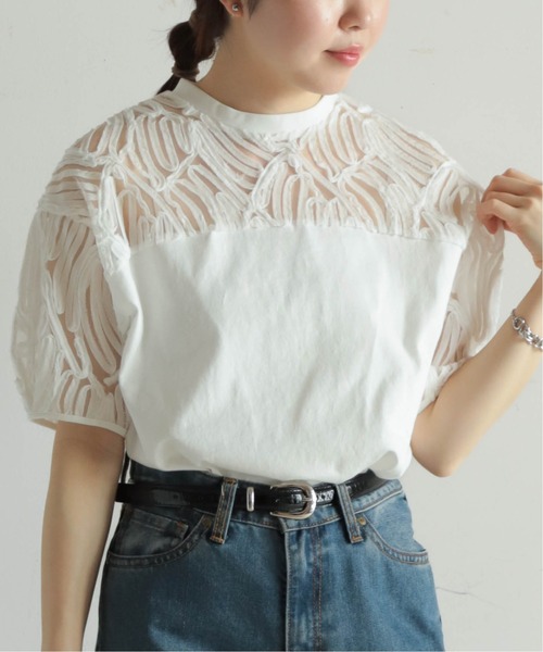 NOMBRE IMPAIR（ノンブルアンペール）の「チュール刺繍コンビ　パフスリーブP/O（Tシャツ/カットソー・レディース・ブラック/ホワイト・FREE）」の2枚目の写真