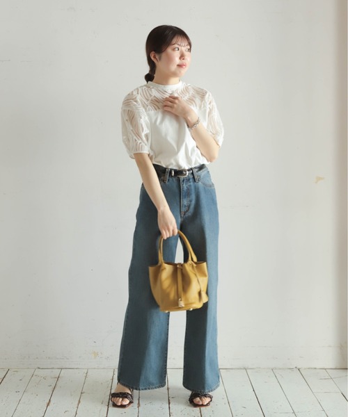 tシャツ チュール刺繍コンビ　パフスリーブP/O レディース チュール刺繍コンビ パフスリーブP/O | ノンブル アンペール