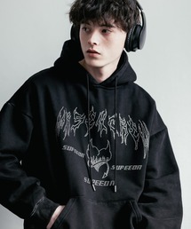 Rocky Monroe | オーバーサイズ ラインストーンロゴプリント ヴィンテージライク 裏起毛スウェットプルオーバーフード付きパーカー(パーカー)