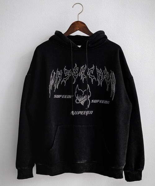 Rocky Monroe(ロッキーモンロー)の「オーバーサイズ ラインストーンロゴプリント ヴィンテージライク 裏起毛スウェットプルオーバーフード付きパーカー(パーカー・メンズ・ブラック・M/L/XL)」の9枚目の写真