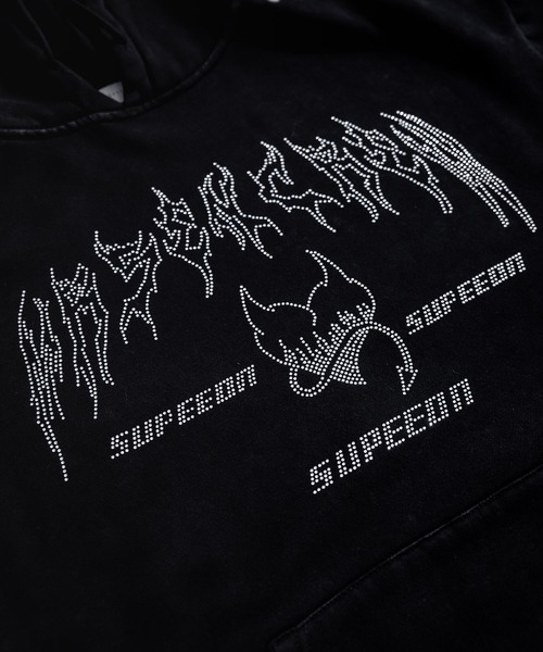 Rocky Monroe(ロッキーモンロー)の「オーバーサイズ ラインストーンロゴプリント ヴィンテージライク 裏起毛スウェットプルオーバーフード付きパーカー(パーカー・メンズ・ブラック・M/L/XL)」の15枚目の写真