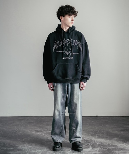 Rocky Monroe(ロッキーモンロー)の「オーバーサイズ ラインストーンロゴプリント ヴィンテージライク 裏起毛スウェットプルオーバーフード付きパーカー(パーカー・メンズ・ブラック・M/L/XL)」の20枚目の写真