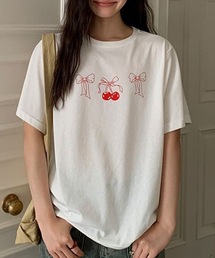 リボンプリント オーバーサイズ クルーネック 半袖 Tシャツ