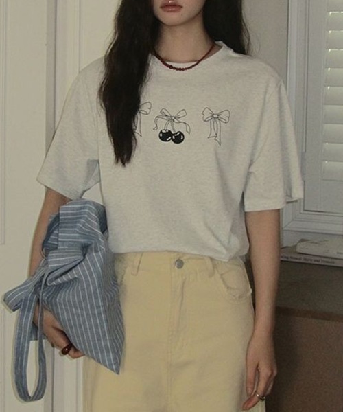 Lace Ladies(レースレディース)の「リボンプリント オーバーサイズ クルーネック 半袖 Tシャツ(Tシャツ/カットソー・レディース・グレー/ホワイト・M/XL)」の14枚目の写真