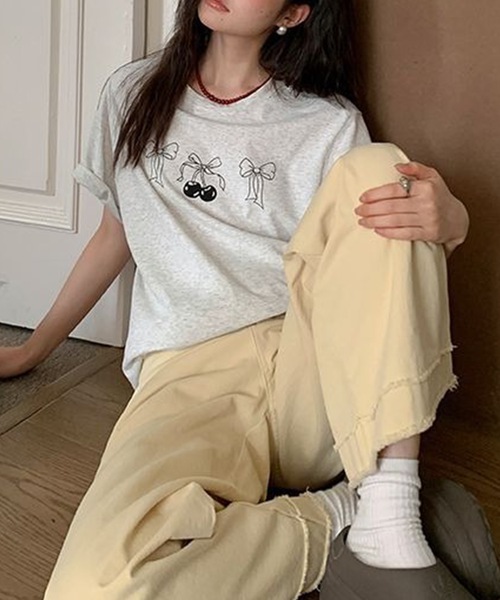 Lace Ladies(レースレディース)の「リボンプリント オーバーサイズ クルーネック 半袖 Tシャツ(Tシャツ/カットソー・レディース・グレー/ホワイト・M/XL)」の10枚目の写真