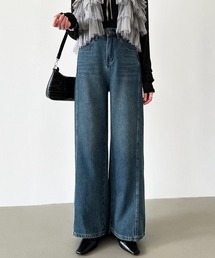 こなれストレート。 斜め切り替えデザイン ストレートデニムパンツ ワイド デニムパンツ