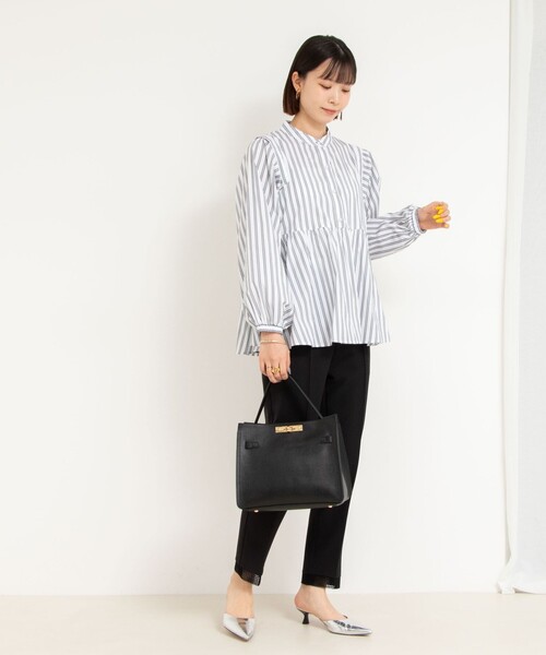 NOLLEY’S◆長袖ブラウス/36/ポリエステル/NVY/ストライプ/4-0030-5-01-006 WEB限定 TIME SALE！］5分袖衿フリルブラウス（5-0035-2-01-014
