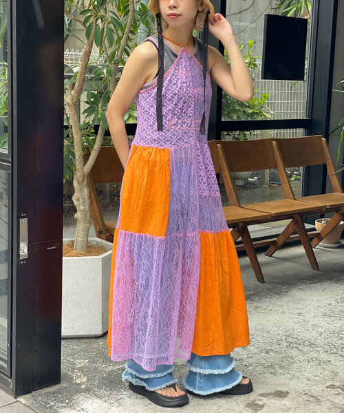 HELLO.SANFRANCISCO(ハローサンフランシスコ)の「【HELLO.SANFRANCISCO/ハローサンフランシスコ】indiaパッチワークカラーレース2WAYキャミワンピ(ワンピース・レディース・オレンジ/グリーン・ONE SIZE)」の14枚目の写真