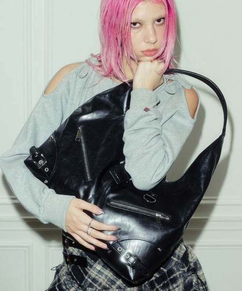 韓国商品/NOTKNOWING MOTO ホボバッグ NOT KNOWING】Black Moto Hobo Bag (COATING)（ショルダーバッグ