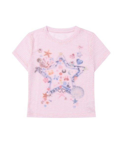 tシャツ EARHOOK HI-NECK PRINT TOP レディース 箔プリントショート丈Tシャツ【UV／接触冷感／洗濯機洗い可