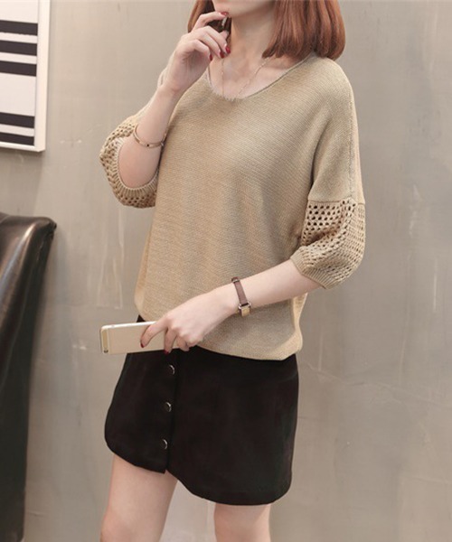 Miniministore(ミニミニストア)の「透かし編みニットトップス半袖サマーニット(ニット/セーター・レディース・ベージュ/アイボリー/ブラック/ピンク・FREE)」の9枚目の写真
