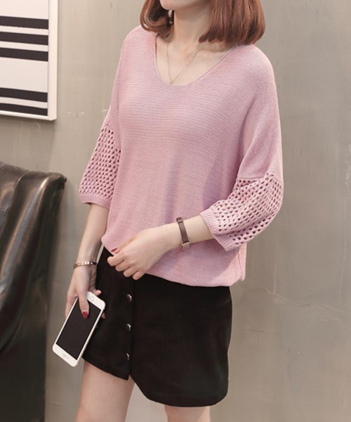 Miniministore(ミニミニストア)の「透かし編みニットトップス半袖サマーニット(ニット/セーター・レディース・ベージュ/アイボリー/ブラック/ピンク・FREE)」の16枚目の写真