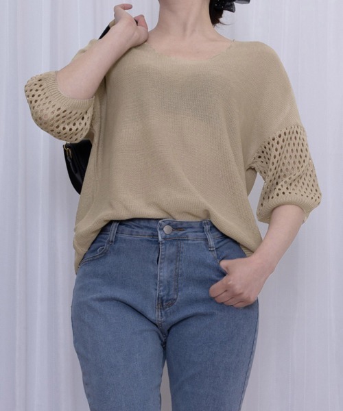 Miniministore(ミニミニストア)の「透かし編みニットトップス半袖サマーニット(ニット/セーター・レディース・ベージュ/アイボリー/ブラック/ピンク・FREE)」の21枚目の写真
