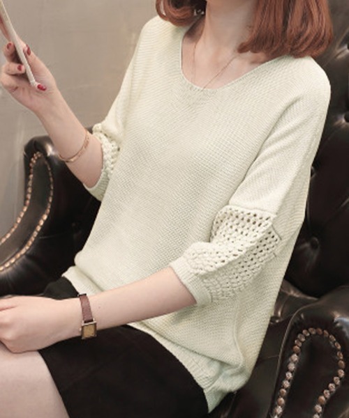 Miniministore(ミニミニストア)の「透かし編みニットトップス半袖サマーニット(ニット/セーター・レディース・ベージュ/アイボリー/ブラック/ピンク・FREE)」の6枚目の写真