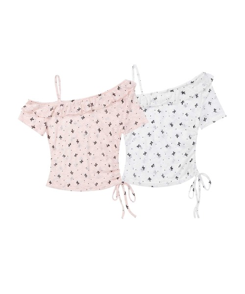 HOOK(フック)の「ワンショルダーシャーリングトップス (SS)(Tシャツ/カットソー・レディース・ピンク/ホワイト・MEDIUM/SMALL)」の18枚目の写真