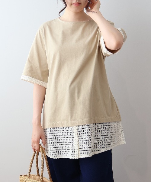 MB mint breeze(エムビーミントブリーズ)の「【L~5L 大きいサイズ】レース切替フェイクレイヤードチュニックカットソー Tシャツ 半袖 春夏(チュニック・レディース・カーキ/ブラック・LL/3L/4L/5L/L)」の1枚目の写真
