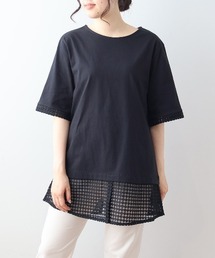 【L~5L 大きいサイズ】レース切替フェイクレイヤードチュニックカットソー Tシャツ 半袖 春夏