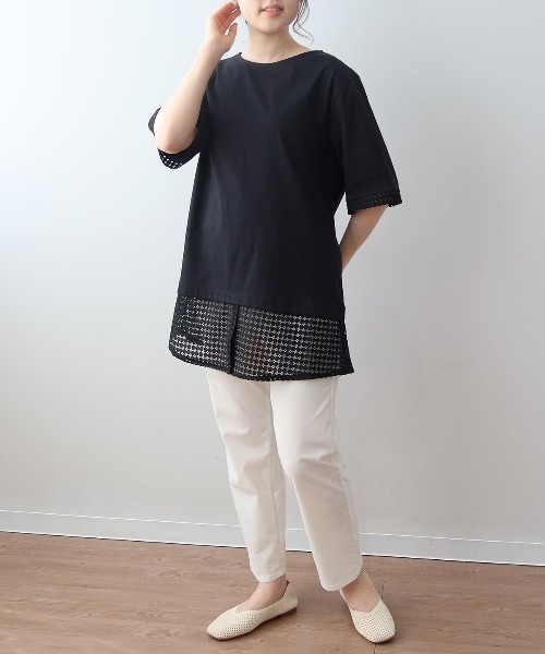MB mint breeze(エムビーミントブリーズ)の「【L~5L 大きいサイズ】レース切替フェイクレイヤードチュニックカットソー Tシャツ 半袖 春夏(チュニック・レディース・カーキ/ブラック・LL/3L/4L/5L/L)」の4枚目の写真