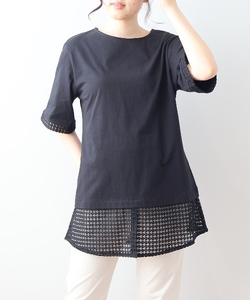 MB mint breeze(エムビーミントブリーズ)の「【L~5L 大きいサイズ】レース切替フェイクレイヤードチュニックカットソー Tシャツ 半袖 春夏(チュニック・レディース・カーキ/ブラック・LL/3L/4L/5L/L)」の6枚目の写真