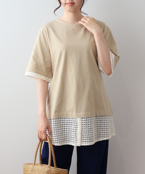MB mint breeze(エムビーミントブリーズ)の「【L~5L 大きいサイズ】レース切替フェイクレイヤードチュニックカットソー Tシャツ 半袖 春夏(チュニック・レディース・カーキ/ブラック・LL/3L/4L/5L/L)」の3枚目の写真