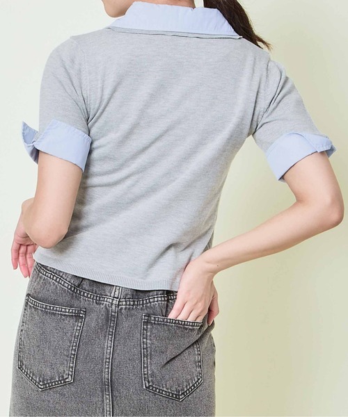 GORGE(ゴージ)の「《布帛切り替え×異素材ミックス》レディース 半袖ニットプルオーバー 春夏秋/きれいめカジュアル(ニット/セーター・レディース・ネイビー/ボルドー/グレー・F)」の6枚目の写真