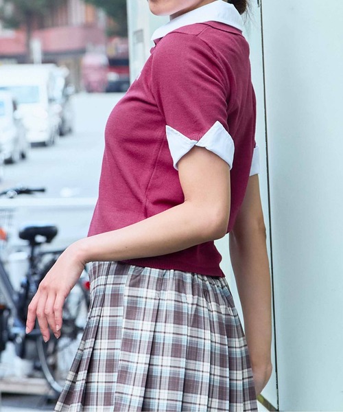 GORGE(ゴージ)の「《布帛切り替え×異素材ミックス》レディース 半袖ニットプルオーバー 春夏秋/きれいめカジュアル(ニット/セーター・レディース・ネイビー/ボルドー/グレー・F)」の14枚目の写真