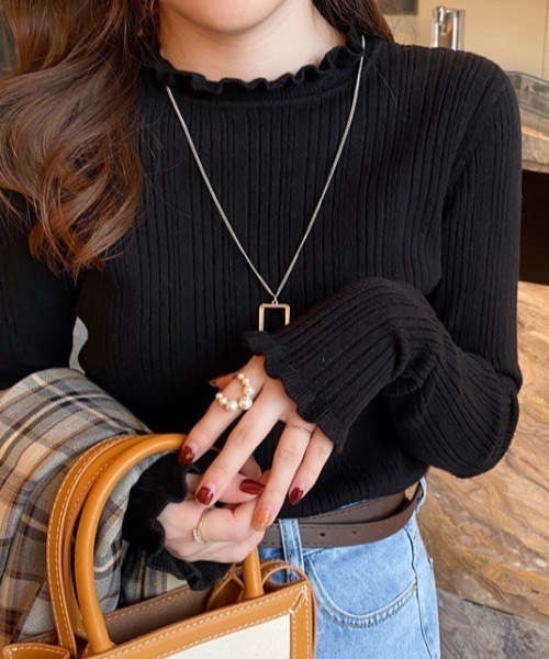 cammie(キャミー)の「シアーハイネック針抜きリブトップス(Tシャツ/カットソー・レディース・モスグリーン/ライトグレー/オフホワイト/ブラック・FREE)」の10枚目の写真