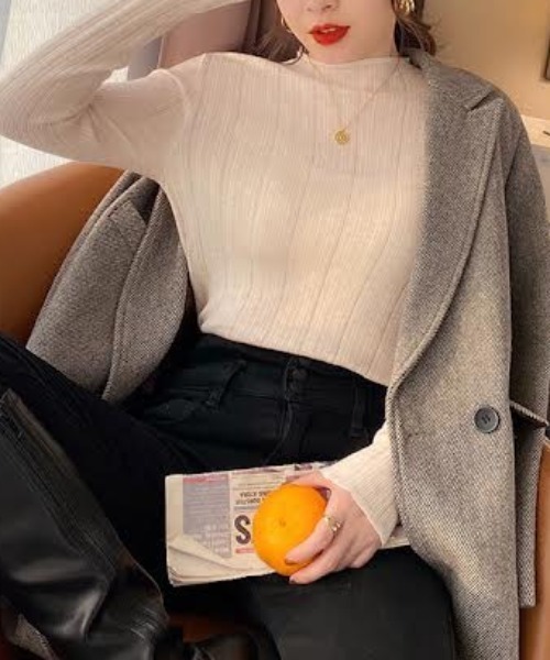 cammie(キャミー)の「シアーハイネック針抜きリブトップス(Tシャツ/カットソー・レディース・モスグリーン/ライトグレー/オフホワイト/ブラック・FREE)」の8枚目の写真