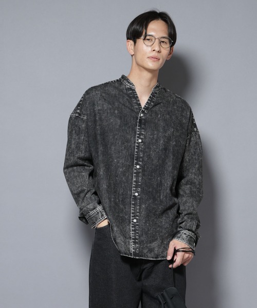 セール】「大人のワイドシャツ」バンドカラーデニム 長袖（シャツ