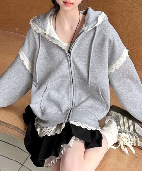 エムズグレイシー ♡ カットワーク刺繍レース ダブルジップアップパーカー 白 エムズグレイシー ♡ カットワーク刺繍レース ダブルジップアップ