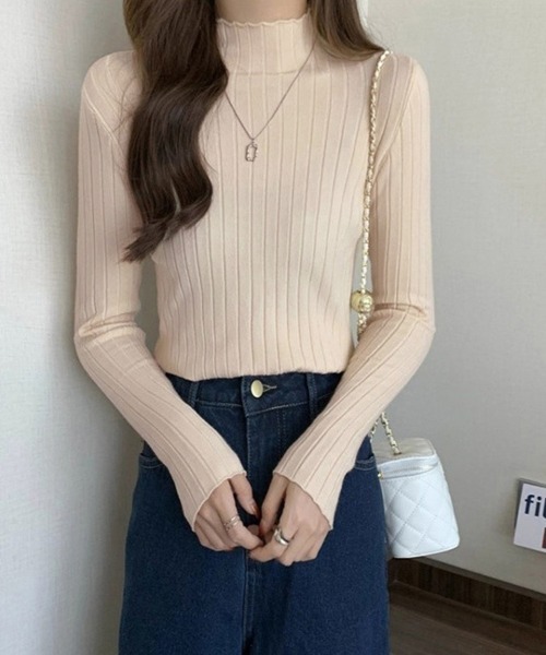 ONEP STAR(ワンピスター)の「ハイネックリブニットトップス(ニット/セーター・レディース・ベージュ/パープル/オートミール/グリーン/テラコッタ/ブルー/ブラック・FREE)」の1枚目の写真