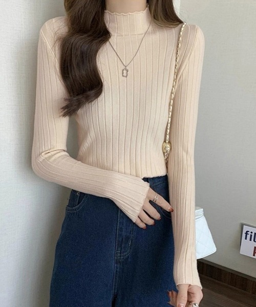 ONEP STAR(ワンピスター)の「ハイネックリブニットトップス(ニット/セーター・レディース・ベージュ/パープル/オートミール/グリーン/テラコッタ/ブルー/ブラック・FREE)」の8枚目の写真