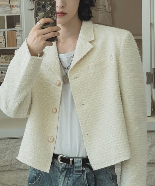 NOWLE(ノウル)の「【NOWLE】ラメツイード フリンジヘム ショート丈 テーラードジャケット(テーラードジャケット・メンズ・ホワイト/ブラック・MEDIUM/LARGE/X-LARGE)」の2枚目の写真