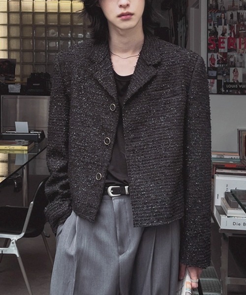 NOWLE(ノウル)の「【NOWLE】ラメツイード フリンジヘム ショート丈 テーラードジャケット(テーラードジャケット・メンズ・ホワイト/ブラック・MEDIUM/LARGE/X-LARGE)」の6枚目の写真