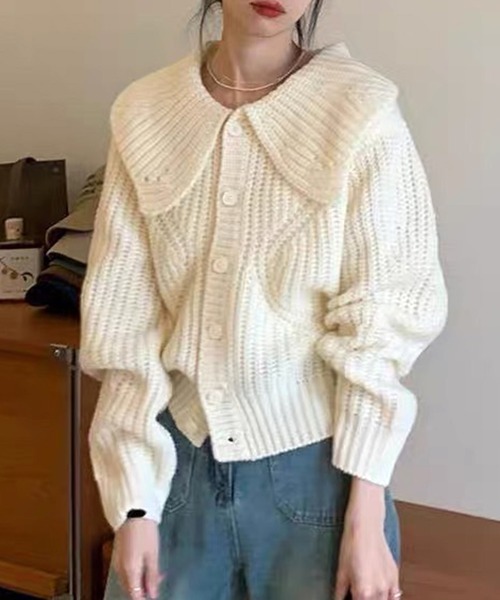 VIBGYOR（ヴィブジョー）の「ビッグカラー リブニットカーディガン/韓国 Y2K ショート丈(CZ)（カーディガン/ボレロ・レディース・グリーン/ピンク/ホワイト/アイボリー・FREE）」の2枚目の写真