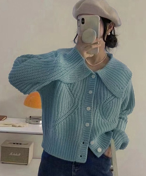 VIBGYOR（ヴィブジョー）の「ビッグカラー リブニットカーディガン/韓国 Y2K ショート丈(CZ)（カーディガン/ボレロ・レディース・グリーン/ピンク/ホワイト/アイボリー・FREE）」の3枚目の写真