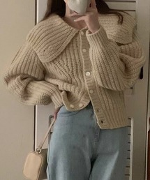 VIBGYOR | ビッグカラー リブニットカーディガン/韓国 Y2K ショート丈(CZ)(カーディガン/ボレロ)