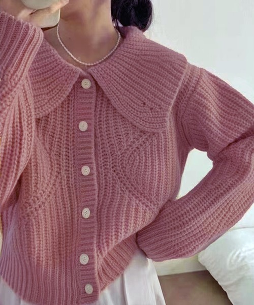 VIBGYOR（ヴィブジョー）の「ビッグカラー リブニットカーディガン/韓国 Y2K ショート丈(CZ)（カーディガン/ボレロ・レディース・グリーン/ピンク/ホワイト/アイボリー・FREE）」の5枚目の写真