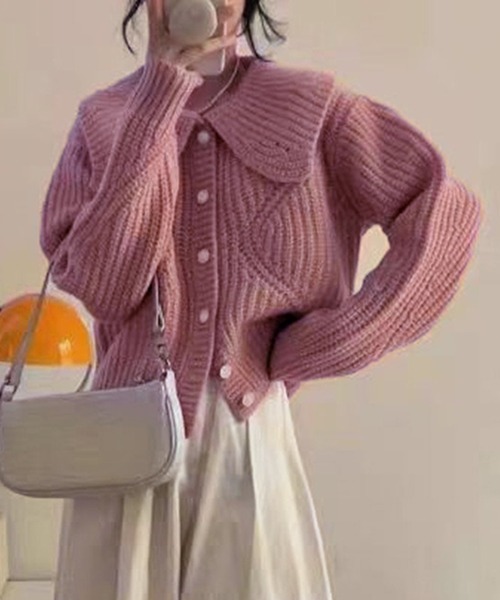 VIBGYOR（ヴィブジョー）の「ビッグカラー リブニットカーディガン/韓国 Y2K ショート丈(CZ)（カーディガン/ボレロ・レディース・グリーン/ピンク/ホワイト/アイボリー・FREE）」の6枚目の写真