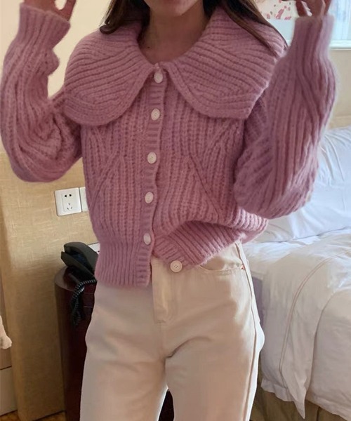 VIBGYOR（ヴィブジョー）の「ビッグカラー リブニットカーディガン/韓国 Y2K ショート丈(CZ)（カーディガン/ボレロ・レディース・グリーン/ピンク/ホワイト/アイボリー・FREE）」の7枚目の写真